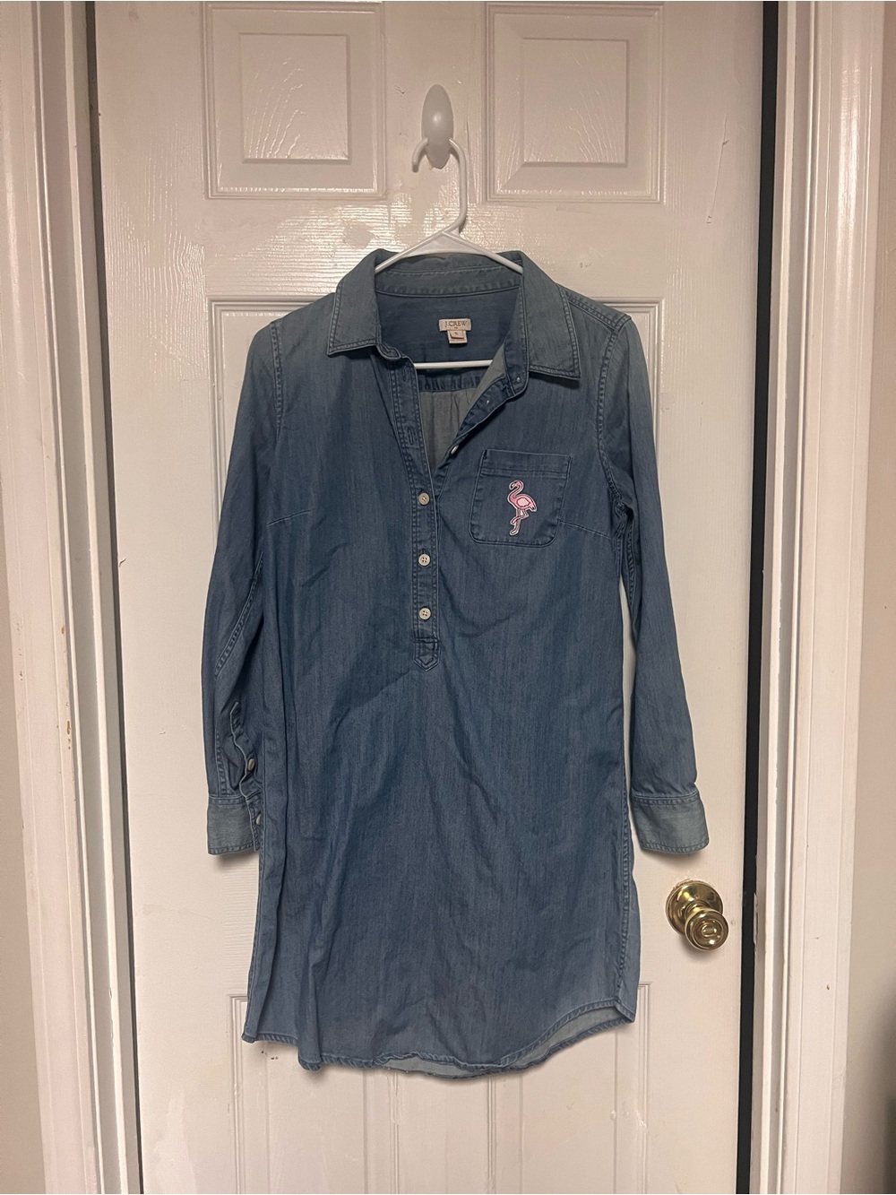 Denim Shirt Dress with Pink Flamingo Patch - JCrew